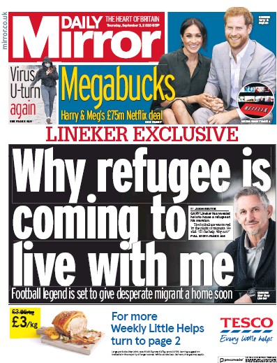Daily Mirror Newspaper Front Page for 3 September 2020