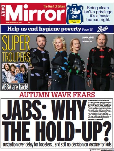 Daily Mirror (UK) Newspaper Front Page for 3 September 2021
