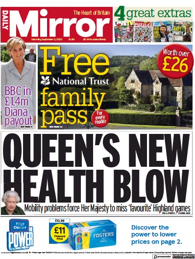 Daily Mirror (UK) Newspaper Front Page for 3 September 2022