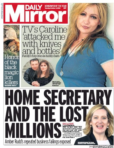 Daily Mirror Newspaper Front Page for 4 October 2016