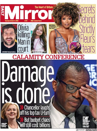 Daily Mirror Newspaper Front Page for 4 October 2022