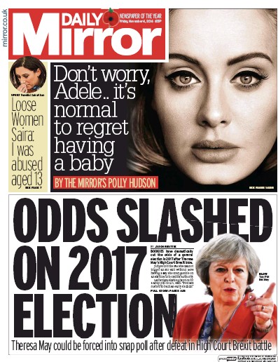 Daily Mirror Newspaper Front Page for 4 November 2016
