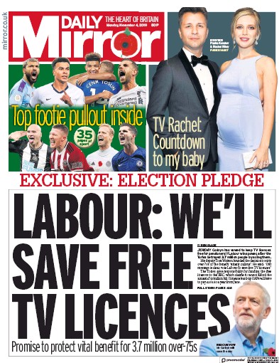 Daily Mirror (UK) Newspaper Front Page for 4 November 2019