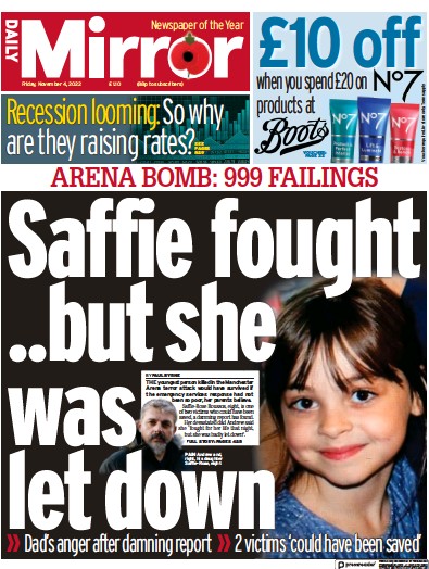 Daily Mirror (UK) Newspaper Front Page for 4 November 2022