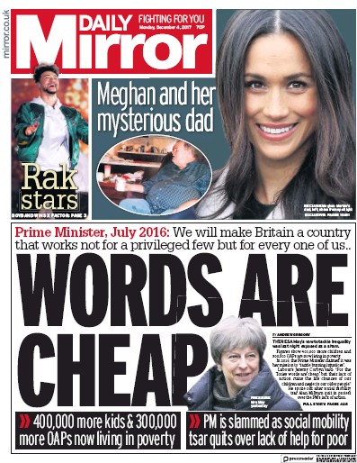 Daily Mirror Newspaper Front Page for 4 December 2017