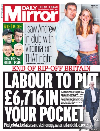 Daily Mirror Newspaper Front Page for 4 December 2019