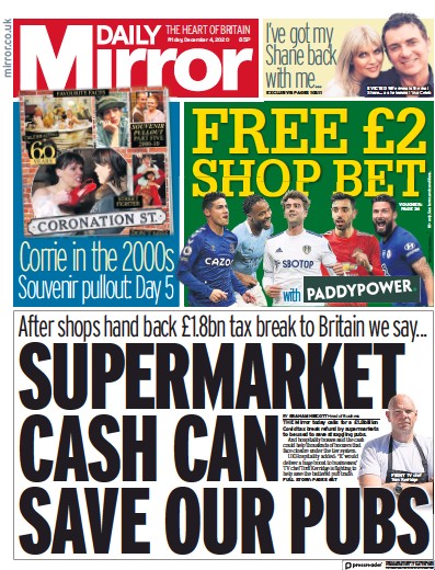 Daily Mirror Newspaper Front Page for 4 December 2020