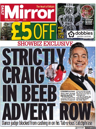 Daily Mirror (UK) Newspaper Front Page for 4 December 2021