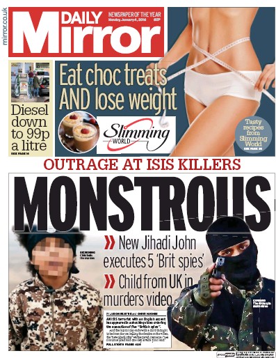 Daily Mirror Newspaper Front Page for 4 January 2016