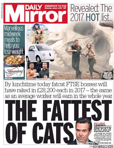 Daily Mirror Newspaper Front Page for 4 January 2017