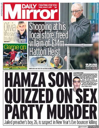 Daily Mirror Newspaper Front Page for 4 January 2019