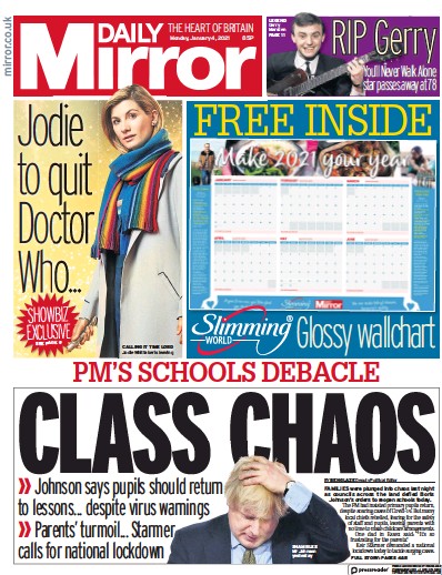 Daily Mirror Newspaper Front Page for 4 January 2021