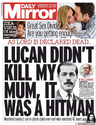 Daily Mirror Newspaper Front Page for 4 February 2016