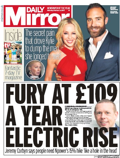 Daily Mirror Newspaper Front Page for 4 February 2017