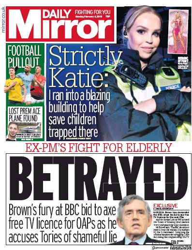Daily Mirror (UK) Newspaper Front Page for 4 February 2019