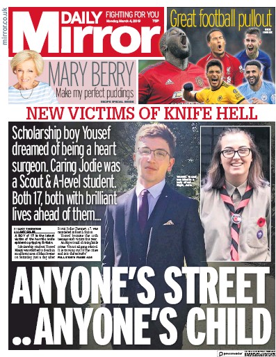 Daily Mirror Newspaper Front Page for 4 March 2019