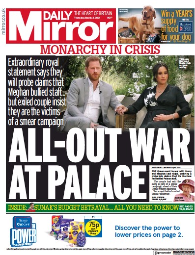 Daily Mirror (UK) Newspaper Front Page for 4 March 2021