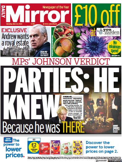 Daily Mirror (UK) Newspaper Front Page for 4 March 2023