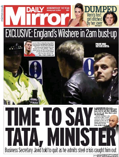 Daily Mirror Newspaper Front Page for 4 April 2016