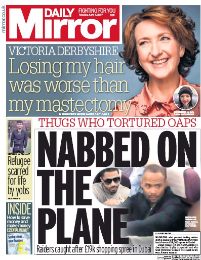 Daily Mirror Newspaper Front Page for 4 April 2017