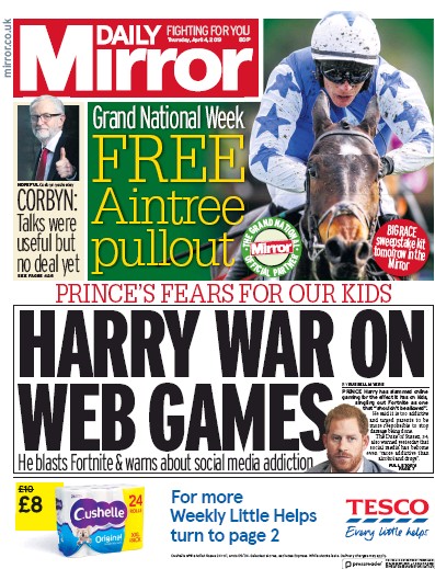 Daily Mirror (UK) Newspaper Front Page for 4 April 2019