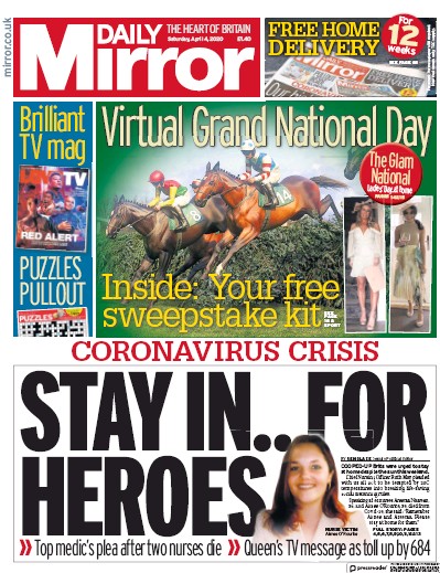 Daily Mirror Newspaper Front Page for 4 April 2020
