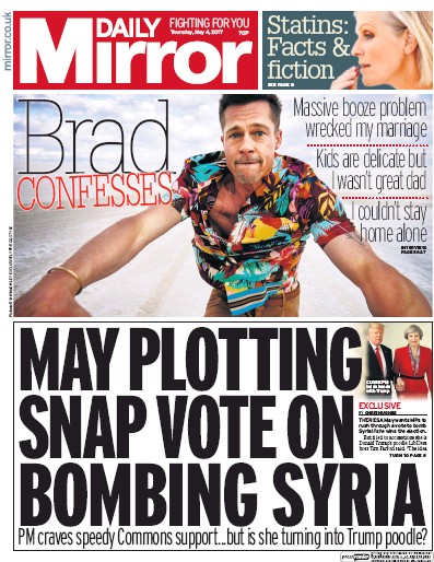 Daily Mirror Newspaper Front Page for 4 May 2017