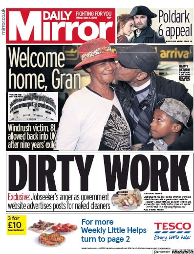 Daily Mirror Newspaper Front Page for 4 May 2018