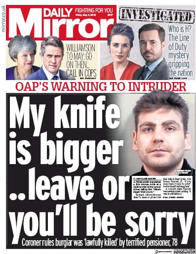 Daily Mirror Newspaper Front Page for 4 May 2019