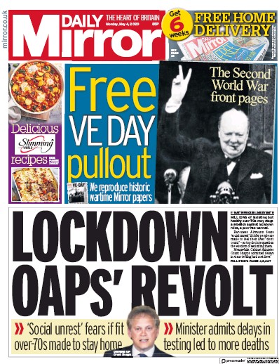 Daily Mirror Newspaper Front Page for 4 May 2020