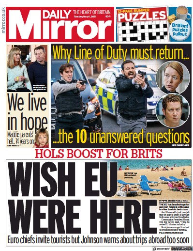 Daily Mirror (UK) Newspaper Front Page for 4 May 2021