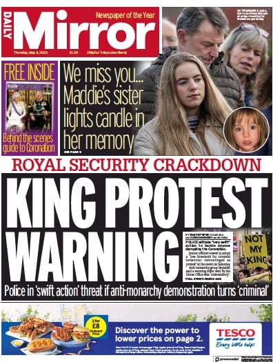 Daily Mirror (UK) Newspaper Front Page for 4 May 2023