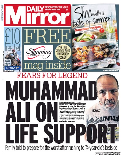 Daily Mirror Newspaper Front Page for 4 June 2016