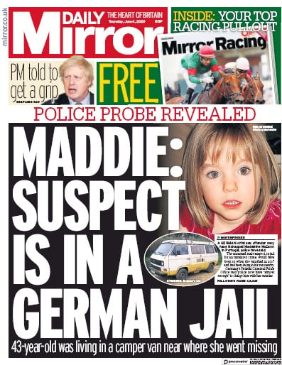 Daily Mirror Newspaper Front Page for 4 June 2020