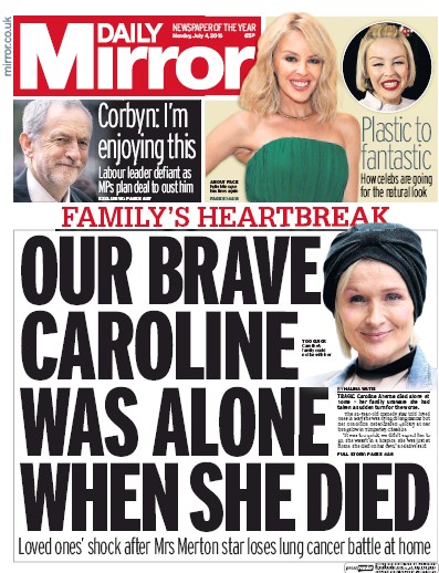 Daily Mirror Newspaper Front Page for 4 July 2016
