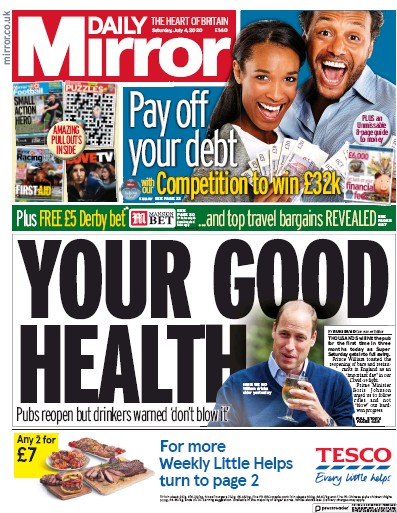 Daily Mirror Newspaper Front Page for 4 July 2020