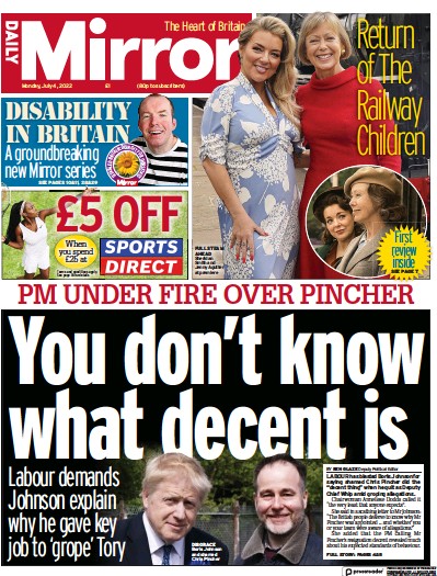 Daily Mirror (UK) Newspaper Front Page for 4 July 2022