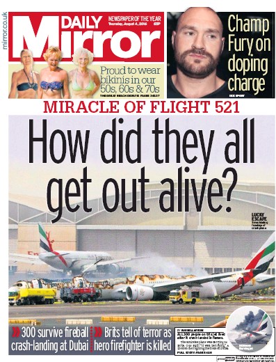 Daily Mirror Newspaper Front Page for 4 August 2016