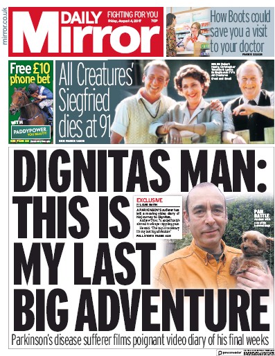 Daily Mirror Newspaper Front Page for 4 August 2017