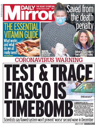Daily Mirror (UK) Newspaper Front Page for 4 August 2020