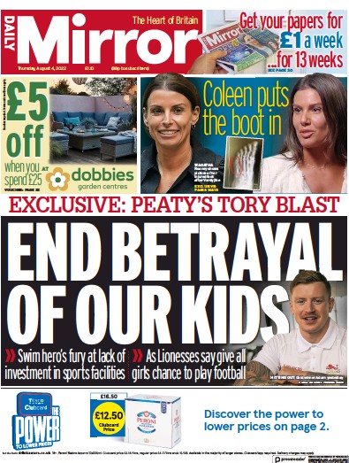 Daily Mirror (UK) Newspaper Front Page for 4 August 2022