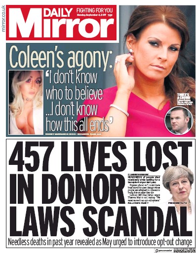 Daily Mirror Newspaper Front Page for 4 September 2017