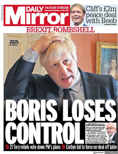 Daily Mirror Newspaper Front Page for 4 September 2019