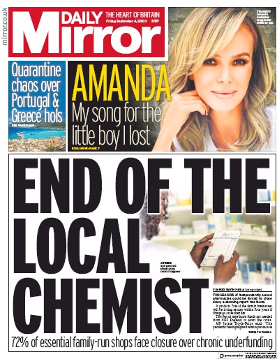 Daily Mirror Newspaper Front Page for 4 September 2020