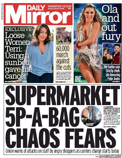 Daily Mirror Newspaper Front Page for 5 October 2015