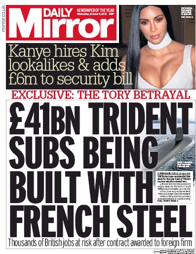 Daily Mirror Newspaper Front Page for 5 October 2016