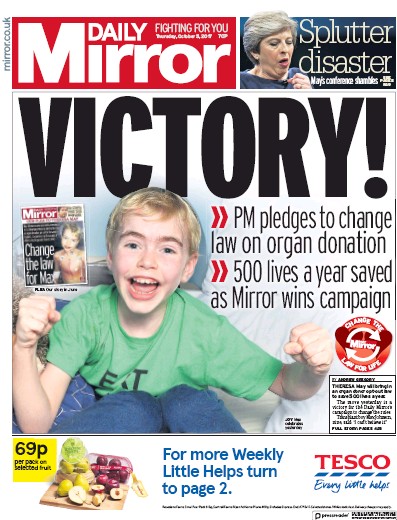 Daily Mirror Newspaper Front Page for 5 October 2017