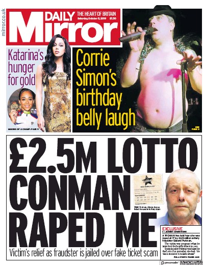 Daily Mirror Newspaper Front Page for 5 October 2019