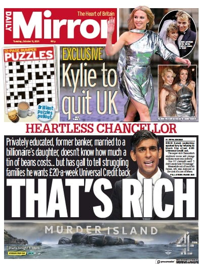 Daily Mirror (UK) Newspaper Front Page for 5 October 2021