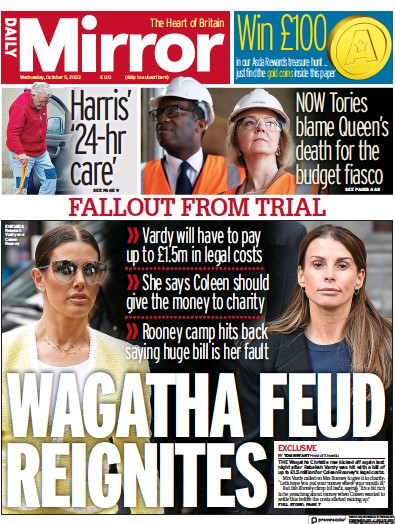 Daily Mirror Newspaper Front Page for 5 October 2022